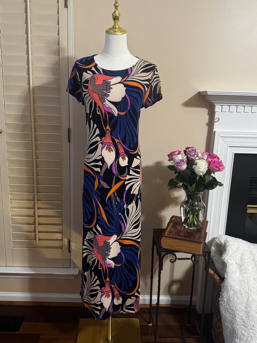 Chico's Navy Maxi Dress with Pink and Cream Floral Print